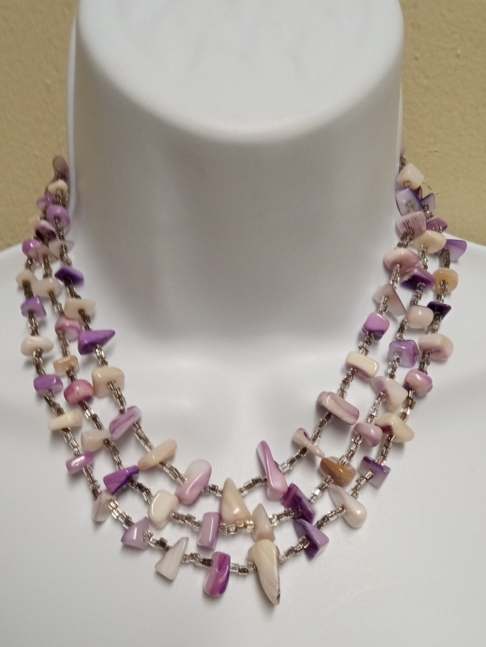 Vintage Necklace Japan 3 Strand Purple White Shell Chip Boho Statement